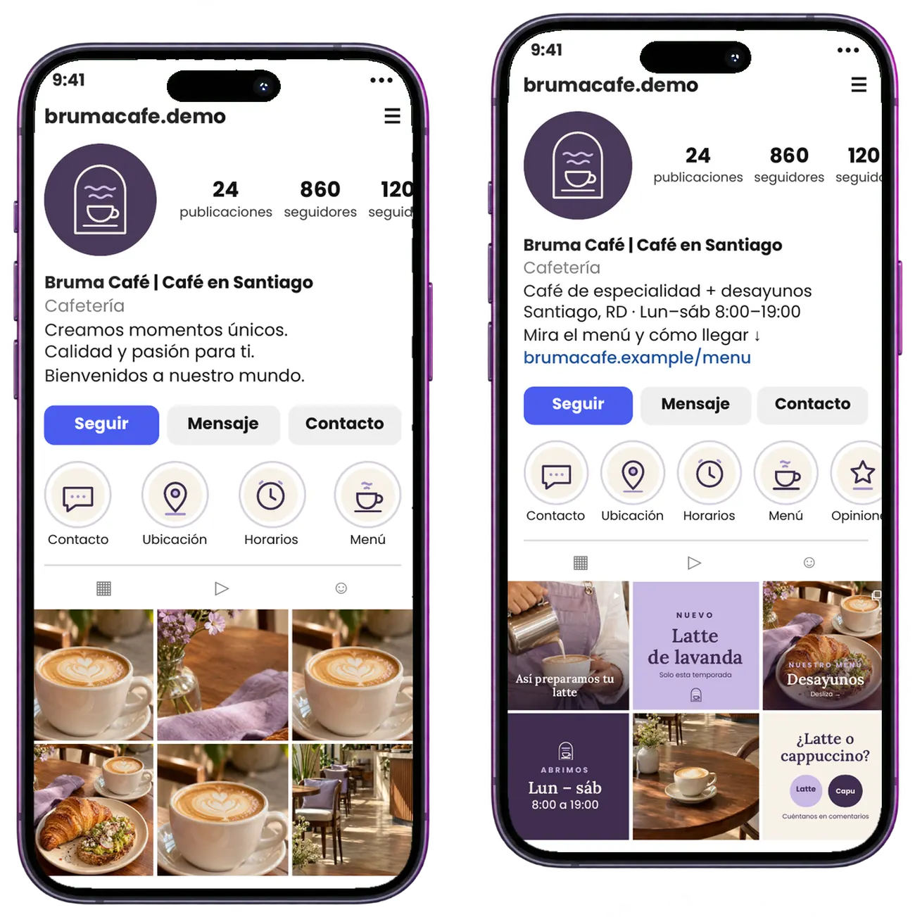 Dos celulares con el perfil de Bruma Café: a la izquierda, antes, con una biografía vaga; a la derecha, después, con qué vende, dónde está, horario y enlace al menú
