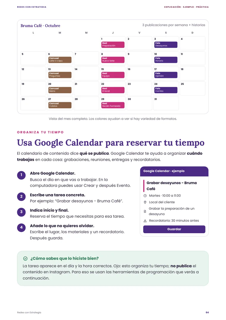 Página del ebook: calendario de contenido de un mes y cómo reservar tu tiempo en Google Calendar