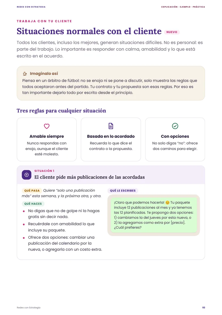 Página del ebook: situaciones normales con el cliente y el mensaje que le escribes
