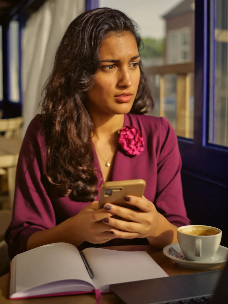 Una joven social media manager mira su celular en un café, pensando qué publicar